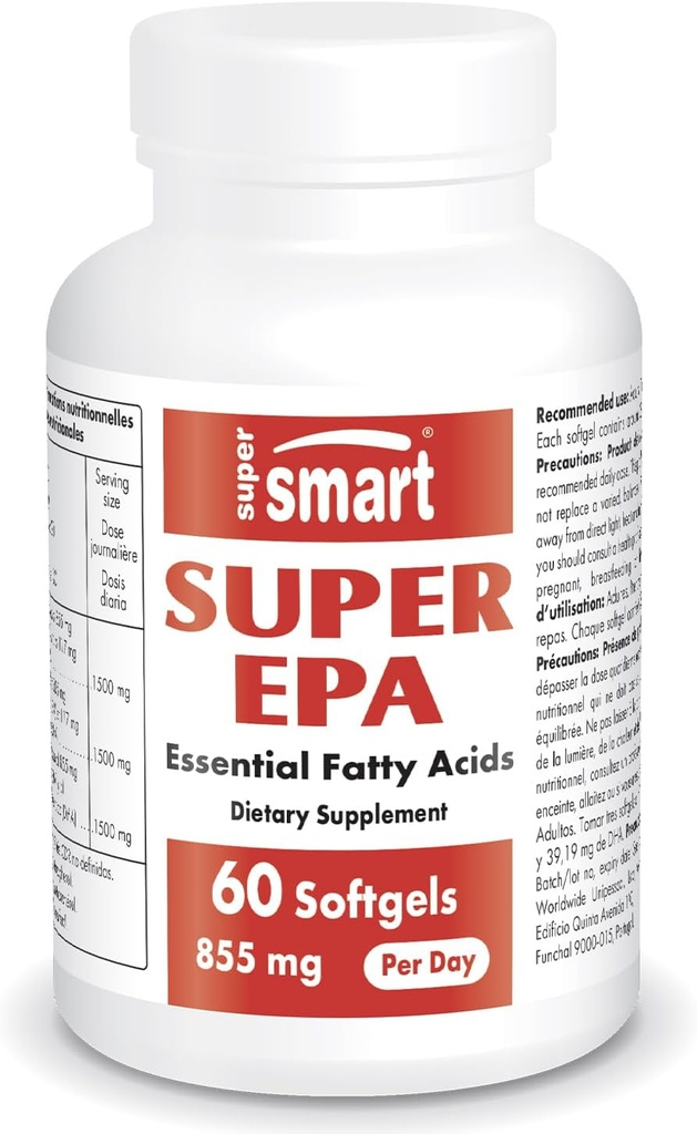 Supersmart - Super EPA 855mg na dzień (wysoka wytrzymałość) - EPA Fish Oil Supplement - Natural Omega 3 Concentrat - EicosaPentaenoic Acid Acidum 124; Non-GMO & Gluten Free - 60 Softgels