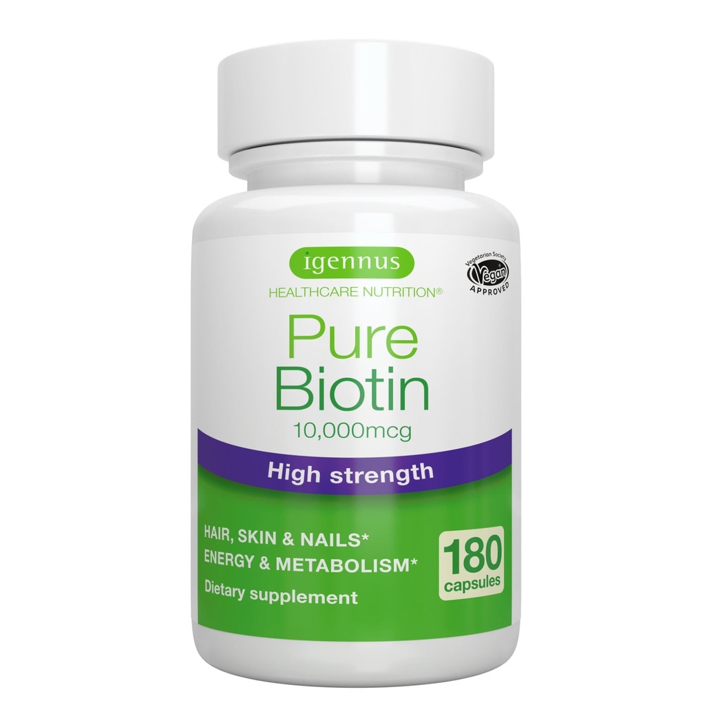 Igennus Czyste Biotin 10,000mcg, Witamina B7 o dużej mocy, Laboratorium weryfikowane, Wegan, 1-a- Day, Małe Łatwe do połknięcia kapsułki, Nie po smaku lub zapachu, Hipoalergiczne
