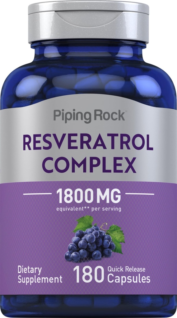 Piping Rock Resveratrol Complex 1800 mg Xivy124; 180 Kapsułek Xivy124; Wyciąg z nasion winorośli 124; Non- GMO, Gluten