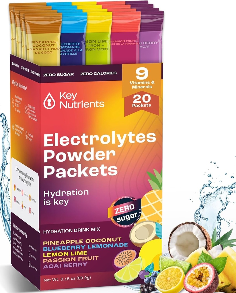 Numery KLUCZOWE Pakiety proszkowe Electrolytes bez cukru - 5 Pyszne aromaty w opakowaniach nawadniających 20 Pakiety - Nie kalorie, Pakiety proszkowe gluten wolne Electrolytes, Nie GMO, Made in USA