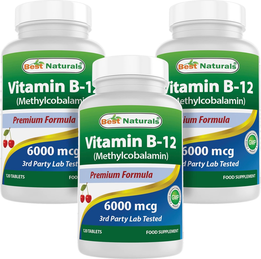 Najlepsi naturalni Witamina B- 12 jako Metylokobalamina (Metylkobalamina B12), 6000 µg 120 Tabletki podjęzykowe (120 Liczba (Opakowanie po 3))