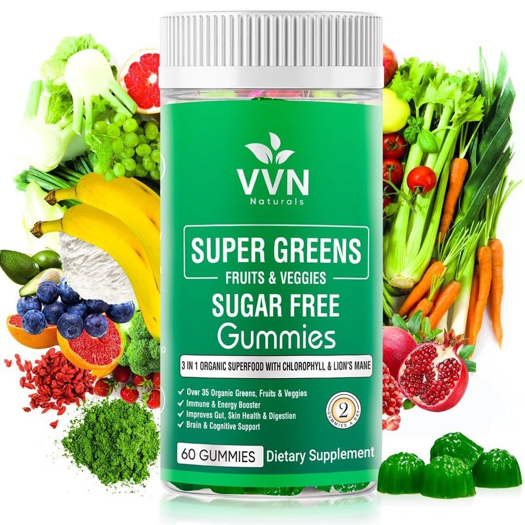 Sugar- Free Real Organic Fruits, Super Zielonych i warzyw Gummies Żywotne & Zdrowe Zielone, Owoce i Warzywa dla poprawy odporności, Zdrowie skóry & Energy Boost 124; 60 Wegańskie Gummies
