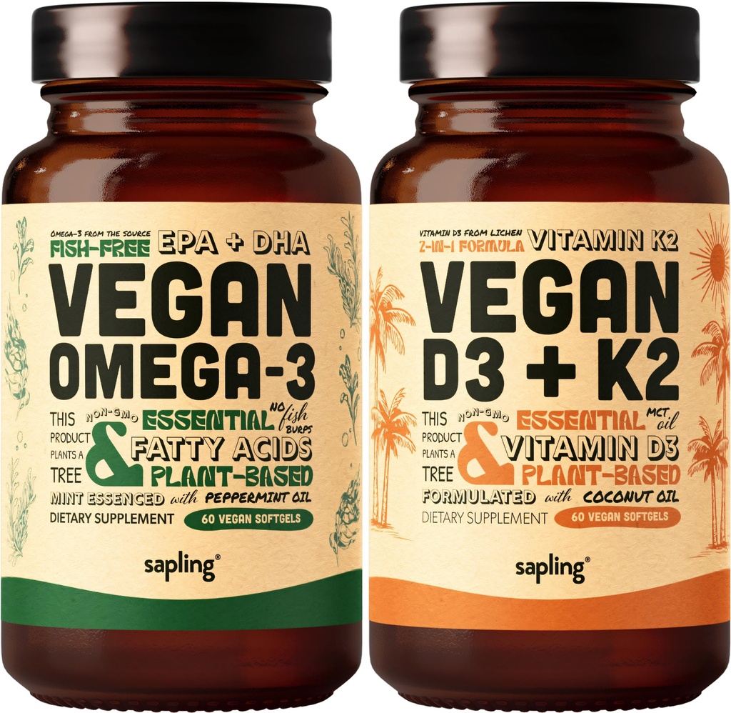 Wegańska witamina Omega 3 & Wegańska Suplement Witamina D3 + K2 - Acydy tłuszczowe DHA & EPA, 4000 j.m. Witamina D3 i 100µg Witamina K2 jako Mk7