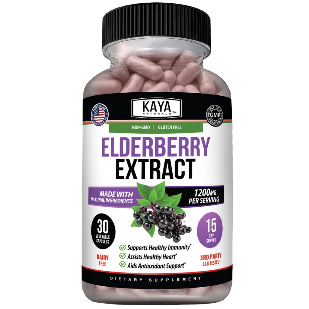 Kaya Naturals Elderberry Immune Support - Ekstrakt Elderberry, Bogaty Antyoksydant Premium Vitamin, 1200mg Immune System Booster Sambucus kapsułki - 30 Count