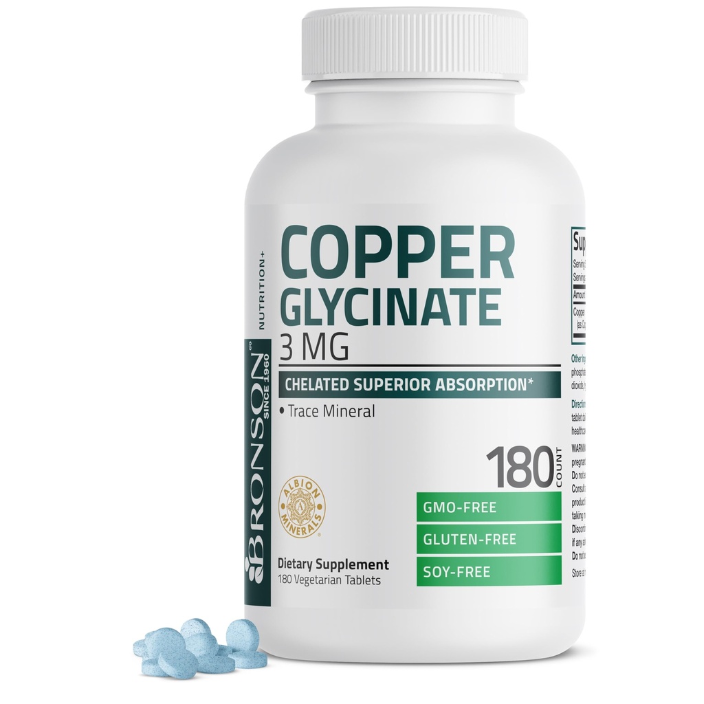 Bronson Copper Glycinate 3mg Chelated Superior Absorpcja Non-GMO, 180 Tabletki wegetariańskie