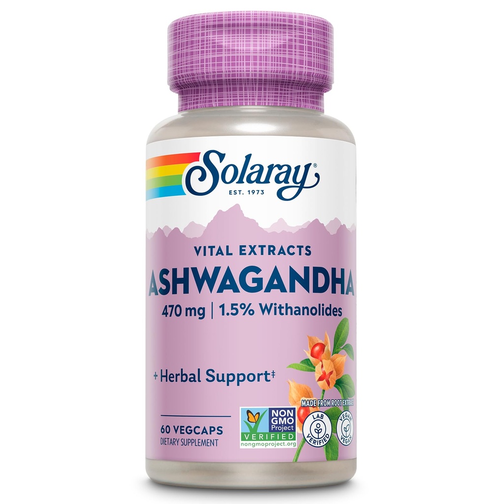 SOLARAY Vital Extracts Ashwagandha 470mg - Potężny Adaptogen - Ashwagandha Suplementy w / 7mg Withanolides, Wellness Support, Wegan, Non-GMO, Laboratorium zweryfikowane, 60- Day Guarantee, 60 Servings, 60 VegCaps