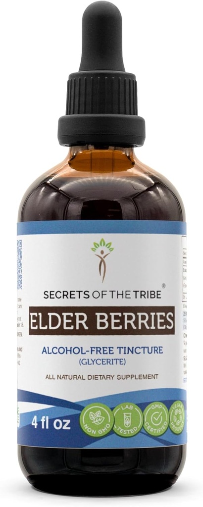 Tajemnice Starszych Jagód Plemion bez alkoholu Tincture (Glycerite) 678 mg Jagody Starszych (Sambucus Nigra) Suszone Jagody (4 Fl Oz) Suplement wsparcia immunologicznego