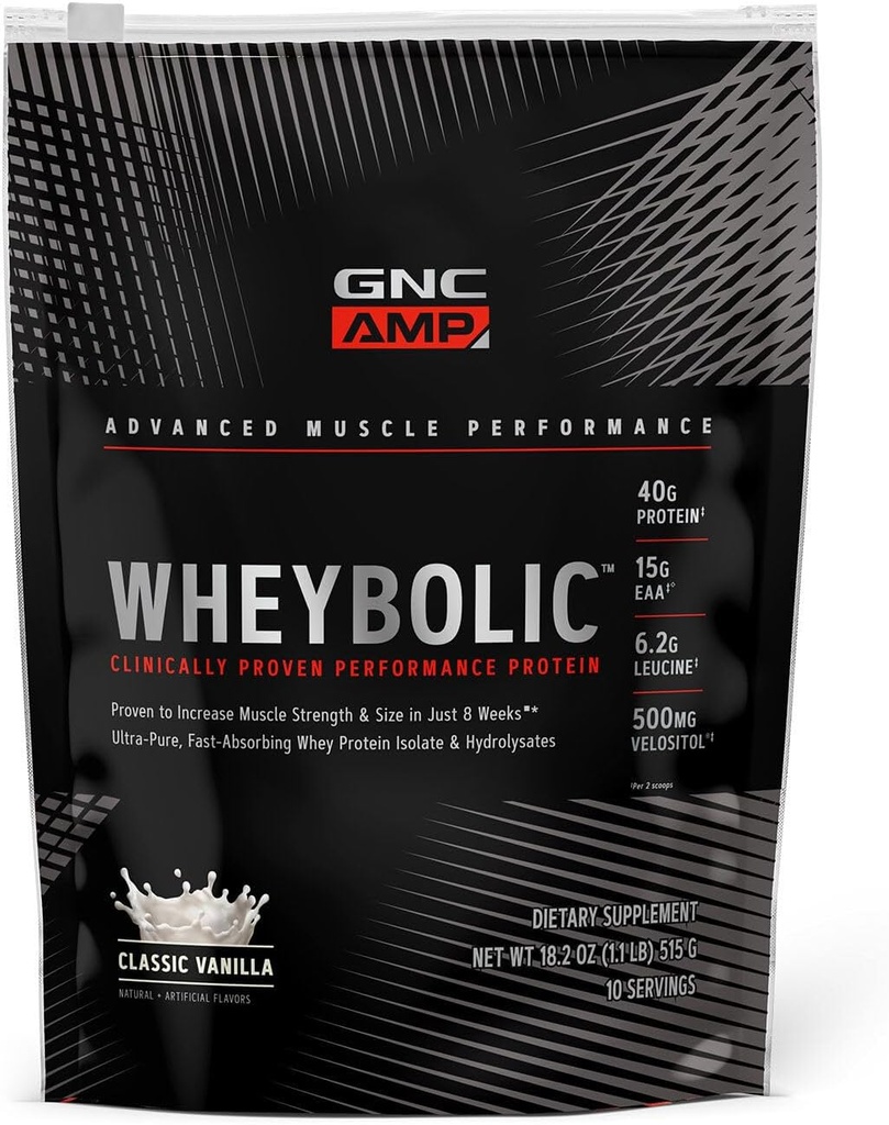 GNC AMP Wheybolic Clinically Proven Protein Powder, 40g białka serwatki, BCAA, Leucyna, Zwiększa siłę mięśni, Muscle Building, 3. Party Tested, Gluten Free, Classic Vanilla, 10 Służenia