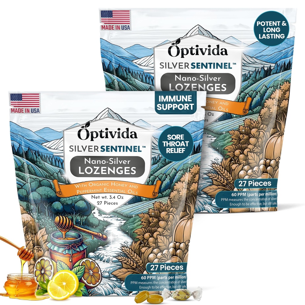 Optivida Health Colloidal Silver Lozenges with Honey & Lemon Oil (2 Pack) - Soothing Sore Throat Lozenges dla dorosłych z Cough Relief & Fast- Acting Nano Silver Formula dla wsparcia immunologicznego, 60 pm