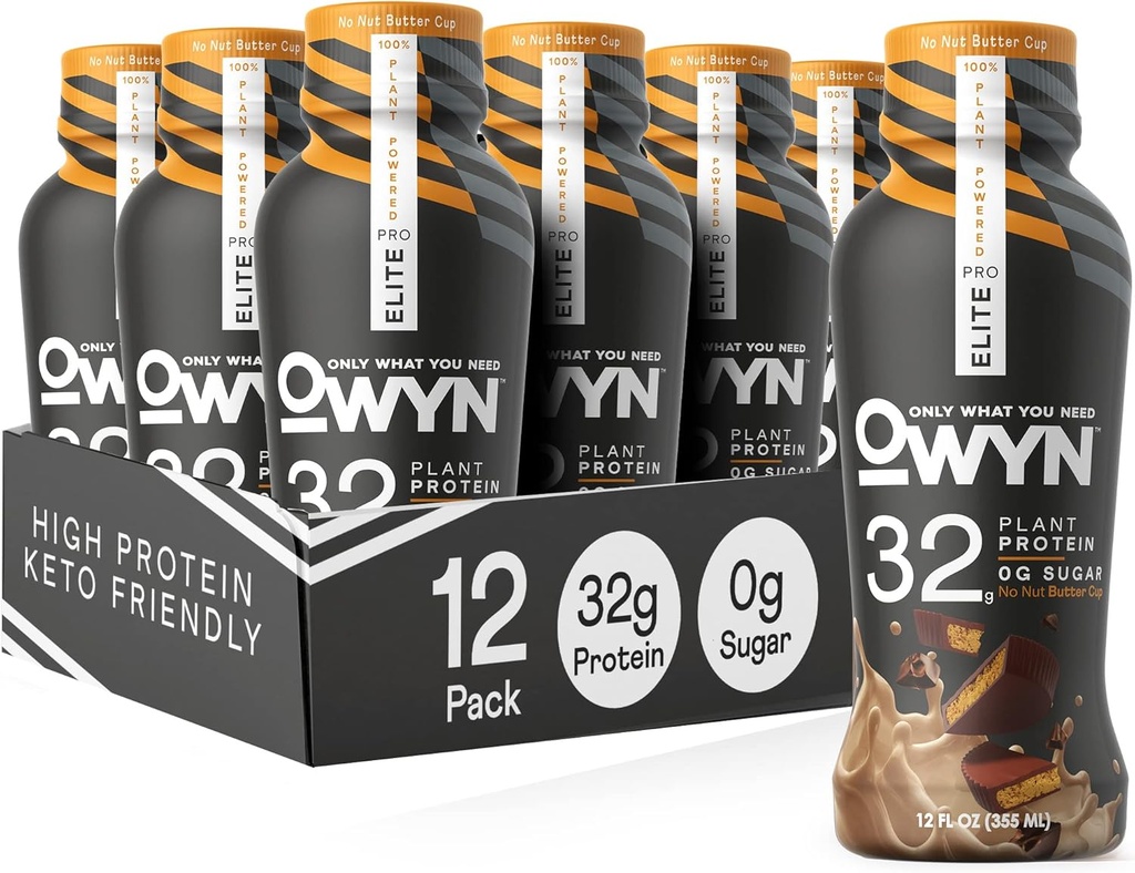 OWYN Only What You Need Pro Elite Vegan High Protein Keto Shake, 32g Protein, 12 Fl Oz (Pack of 12) i Pro Elite Vegan Plant-Based High Protein Keto Shake, No Nut Butter Cup, 32g Protein (Packaging May Vary)