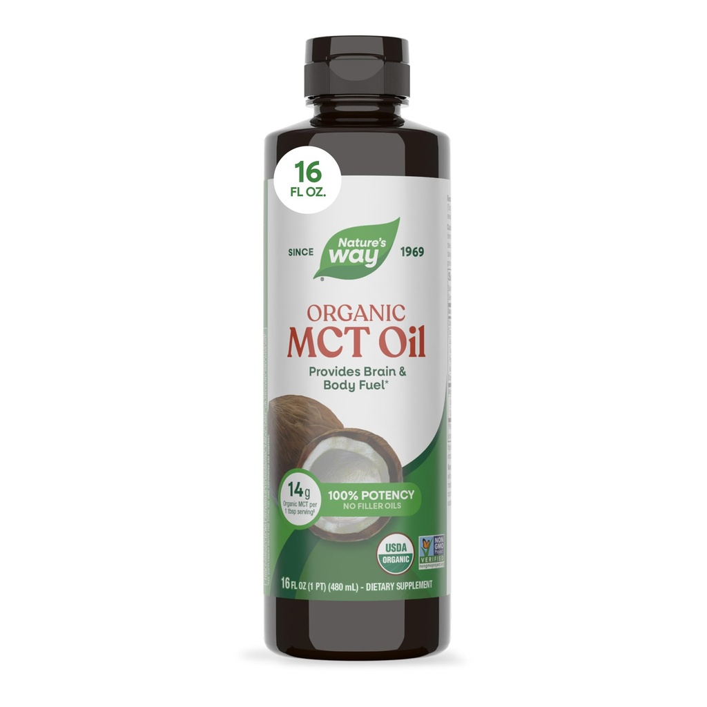 Nature 's Way Organic MCT Oil, 16 Fl Oz, Brain and Body Fuel from Coconuts *, C8 Captile Acid and C10 Capric Acid, Keto and Paleo Certified, Organic, Non-GMO Project Verified