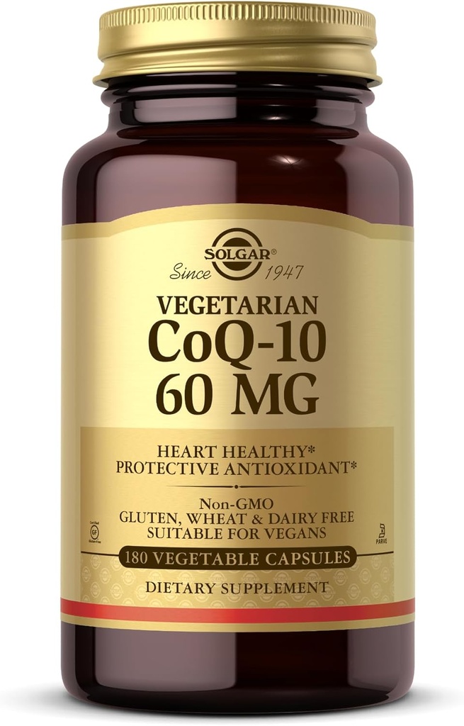 Solgar Vegetarian CoQ- 10 60 mg - 180 Kapsułki roślinne - Antyoksydant ochronny - Non-GMO, Wegan, Gluten Free, Dairy Free, Kosher - 180 Służenie