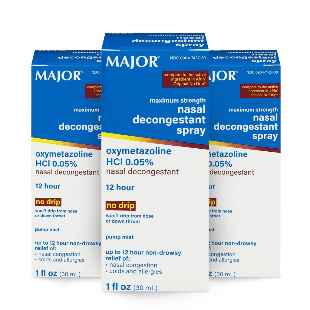 MAJOR Maksymalna siła Nasal Decongestant Spray, Oxymetazoline HCl 0,05% Pompa Mist, Non- Drowsy Nasal Spray, do 12- godzinna ulga od zatok nosowych, Przeziębienia, i alergie 1 Fl. Oz. (3- Pack)