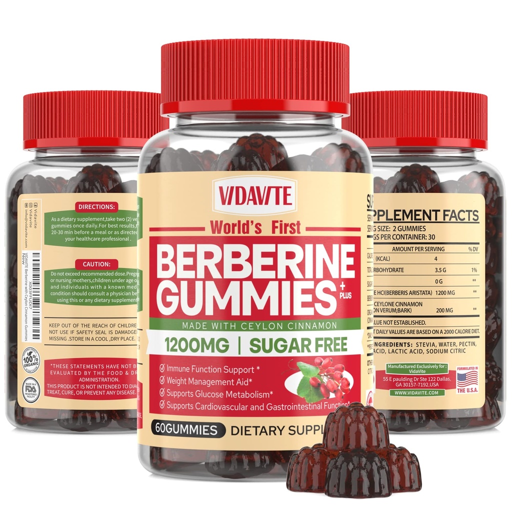 Berberyna z Ceylon Cynamon Gummies - bez cukru, 98% Pure & 10x Wchłanianie - 1200mg HCL Organic Berberine Supplement for Weight Management, Immunitety, Metabolic & Digestive Health (30 Dni)