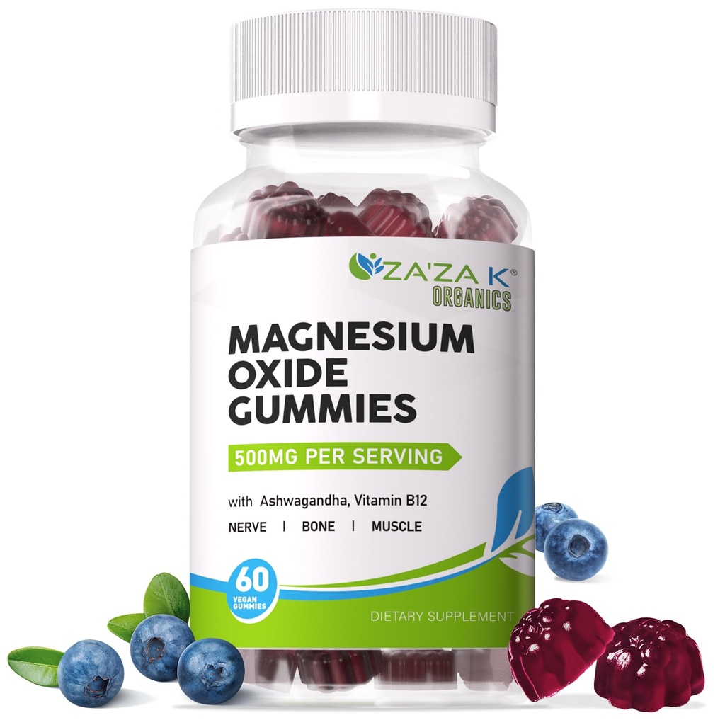 ZA 'ZA K ORGANICS Magnezu tlenek Gummie, Magnezu tlenek 500mg z Ashwagandha & Witamina B12 dla snu, Nerwy, Mięśnie, Bone & Heart Health, Magnezu Chewable Suplement dla dorosłych dzieci, Wegan, 60