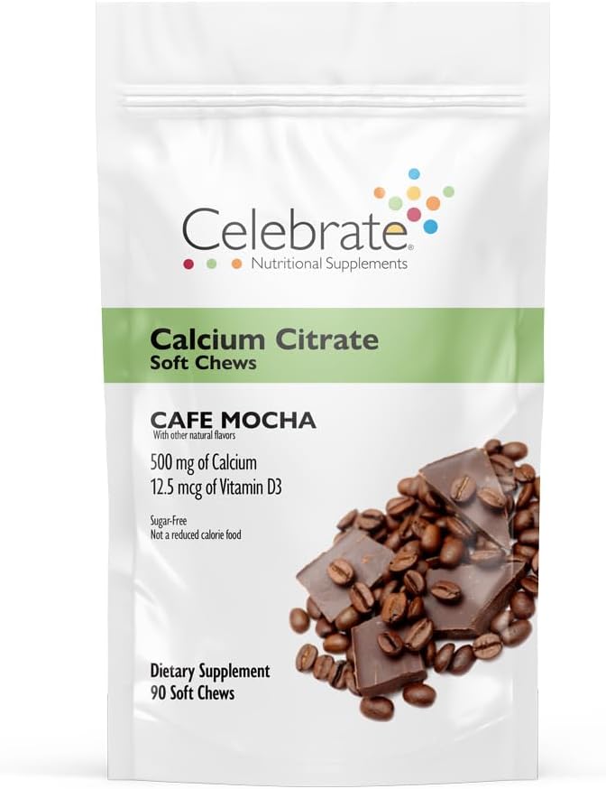 Świętuj Witaminy Dariatric Wapnia Citrate Soft Chews z witaminą D3, 500mg, Sugar- Free & Gluten- Free Wapnia Citrate dla pacjentów bariatrycznych, Cafe Mocha, 90 liczba