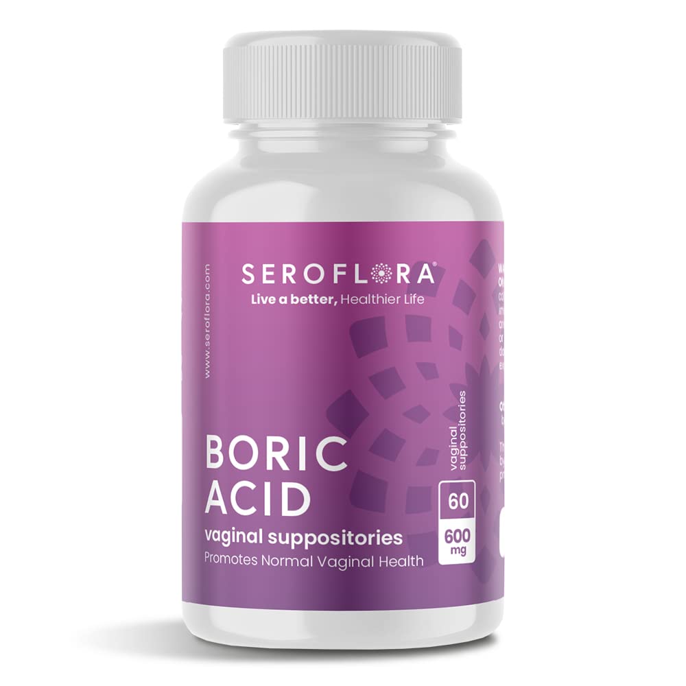 Seroflora Kwas borowy Poduszki pochwowe - Promotuje pH pochwy Równowaga i Kontrola zapachu z USP Medyczny stopień drobny proszek, Łatwy rozpuścić, Made in USA -600 mg 60 Count