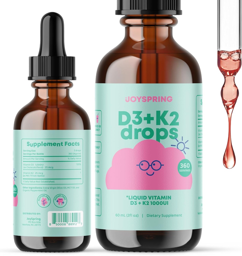 JoySpring Witamina D Krople dla Toddlers do wspierania wzrostu, kości, i zdrowia immunologicznego, Suplementy cynku dla dzieci - Elderberry z płynnym cynku i codzienne witaminy B z witaminą B2, B6, B12 i B5