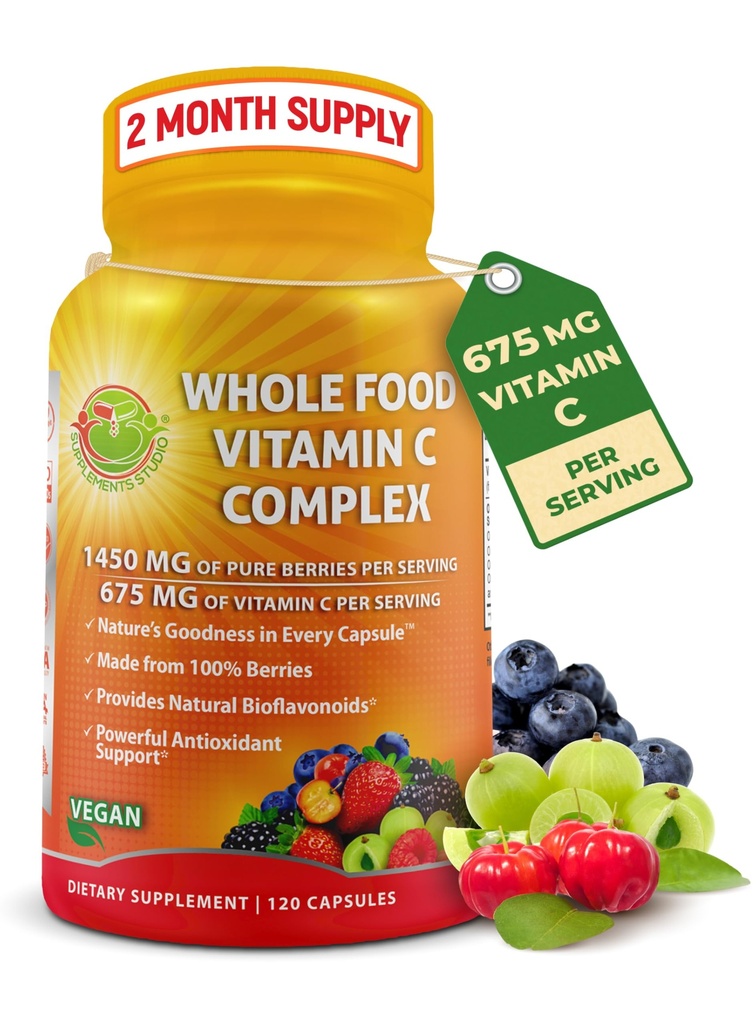 Całość żywności witamina C Complex - 1450mg Organic Berries - 675 mg witaminy C na serwowanie, Wysokiej mocy przeciwutleniacz i immunologiczne wsparcie z Acerola, Amla i naturalne bioflawonoidy - Wegan, Non-GMO, 120 Count