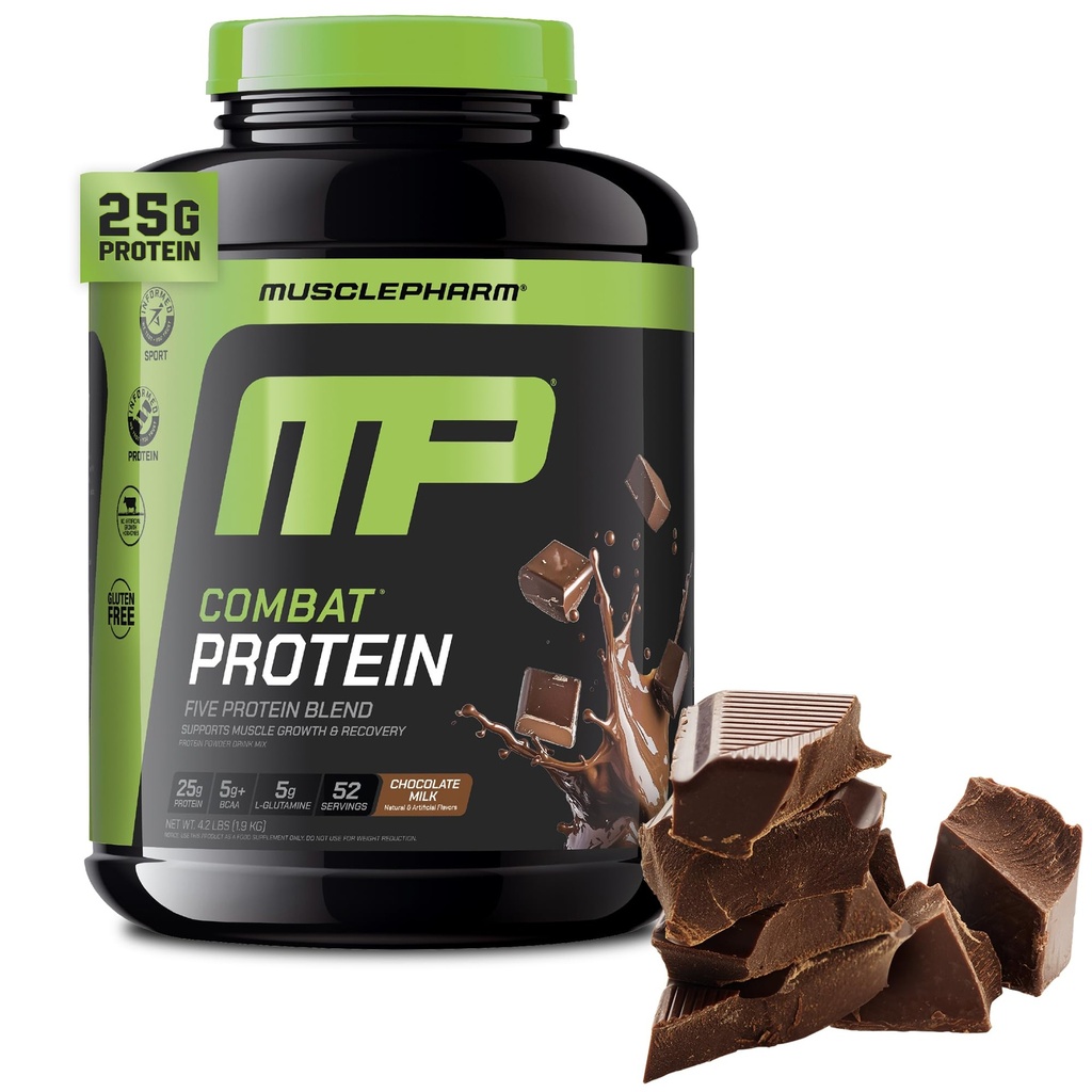 MusclePharm Combat Protein Powder, Chocolate Milk Flavor, Fuels Muscles for Productive Workouts, 5 Protein Sources including Whey Protein Isolate & Egg Albumin, Gluten Free, 4.2 lb, 52 Servings