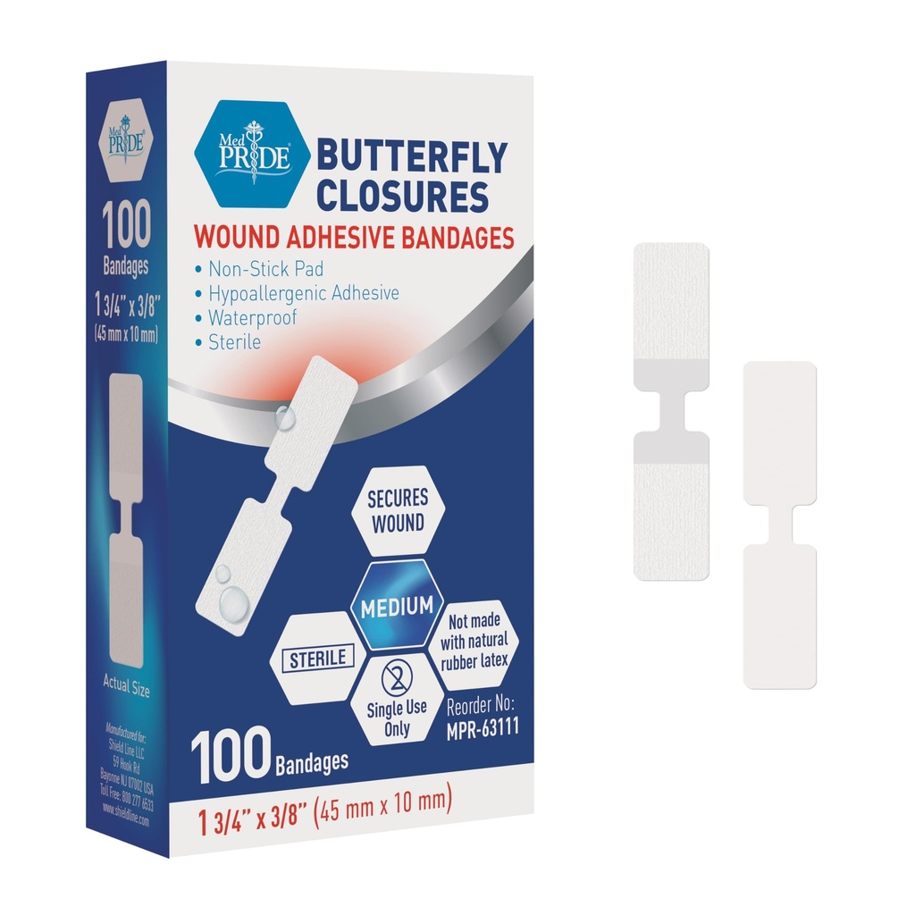 MED PRIDE Butterfly Bound Clounde Strips Opakowanie 100 Sterylny nonstick Hipoalergenne Lateks Free Bandaże dla cięć i urazów (Medium)