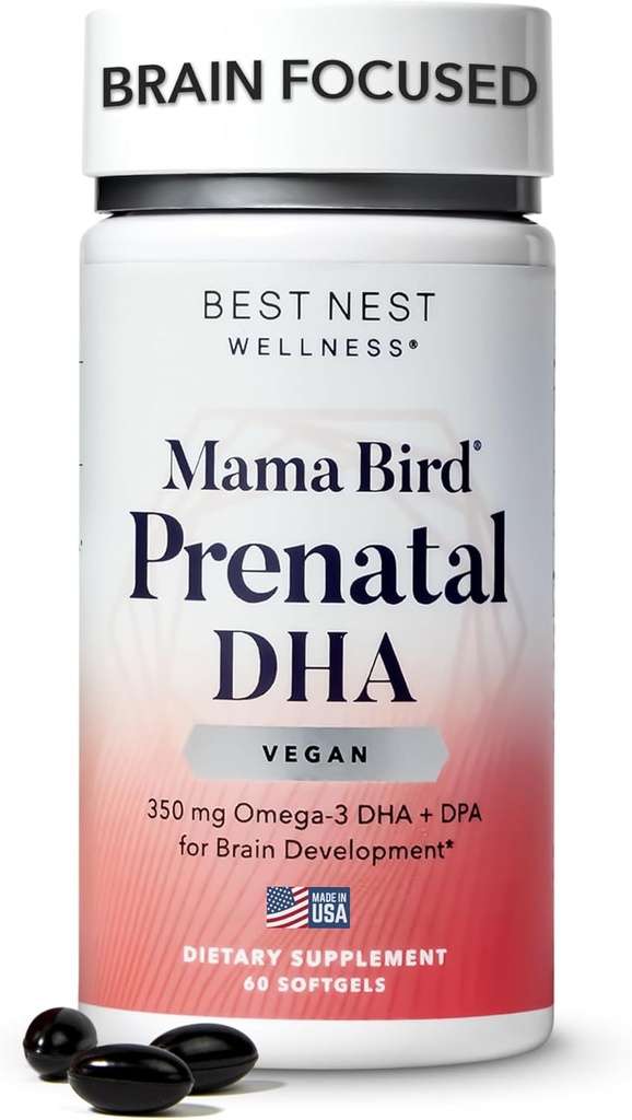 Best Nest Wellness Mama Bird Vegan Prenatal DHA - Suplement wsparcia mózgu i oczu dla dziecka - Wegan Prenatal Suplement z Algae DHA - Suplement odżywczy dla mamy - 60 Softgels