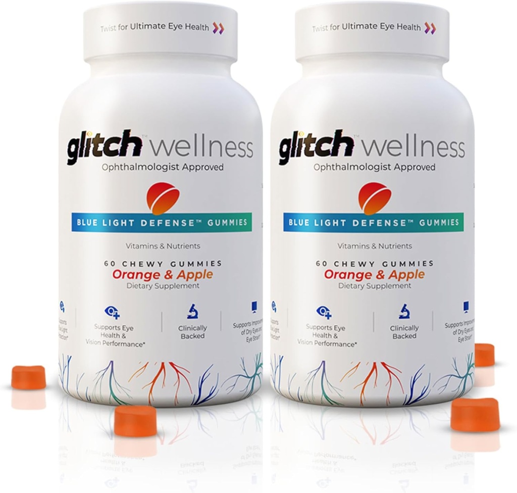 Glitch Gummies for Dry Eyes Blue Light Defense - Wegan, Sugar Free Zeaksantyna i Lutein Gummies for Eyes Supplement for Adult and Seniors (60 Count - 2 Bottle)