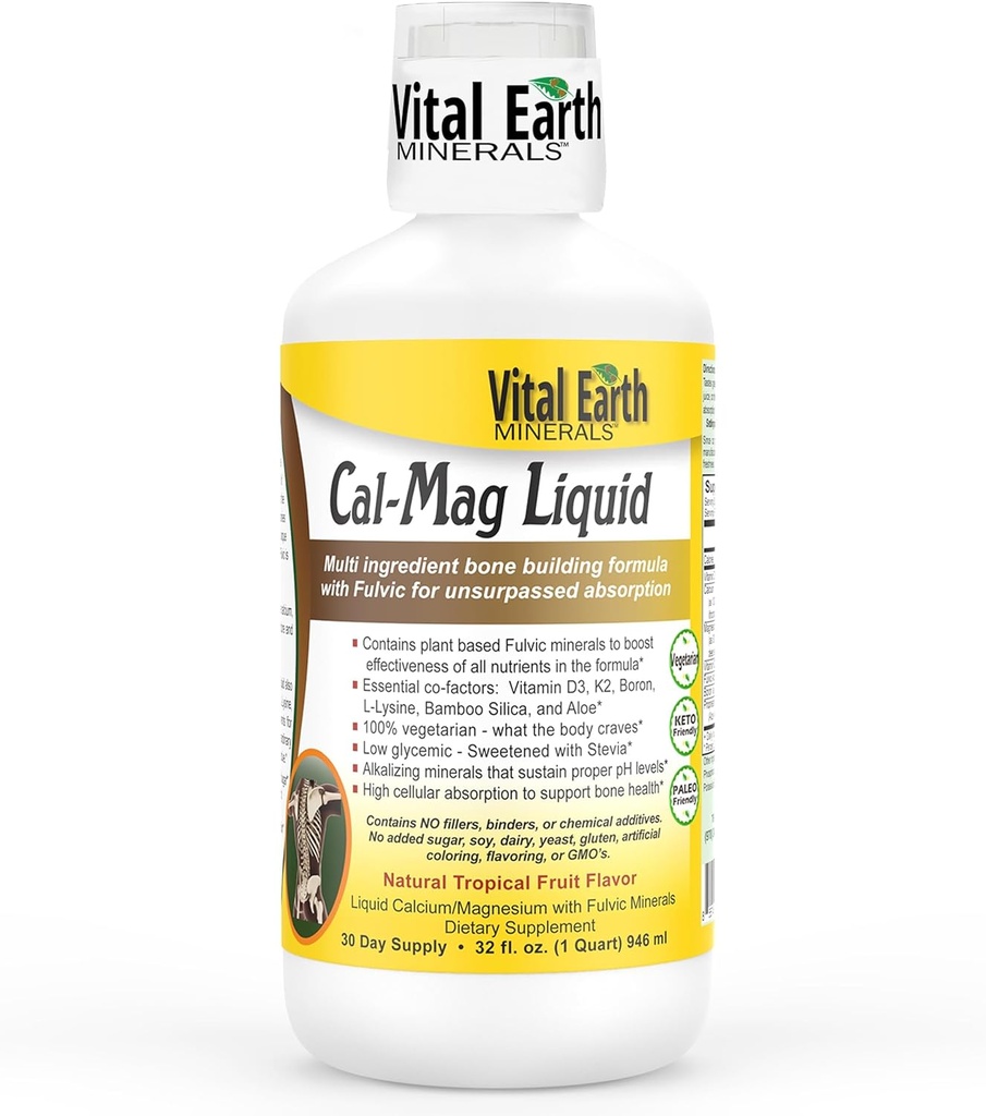 Vital Earth Minerals Cal- Mag Liquid - suplement magnezu wapnia z witaminą D3, K2, Boron i kwasu Fulvic do szybszego wchłaniania, 32 Oz + 1 Oz Cup