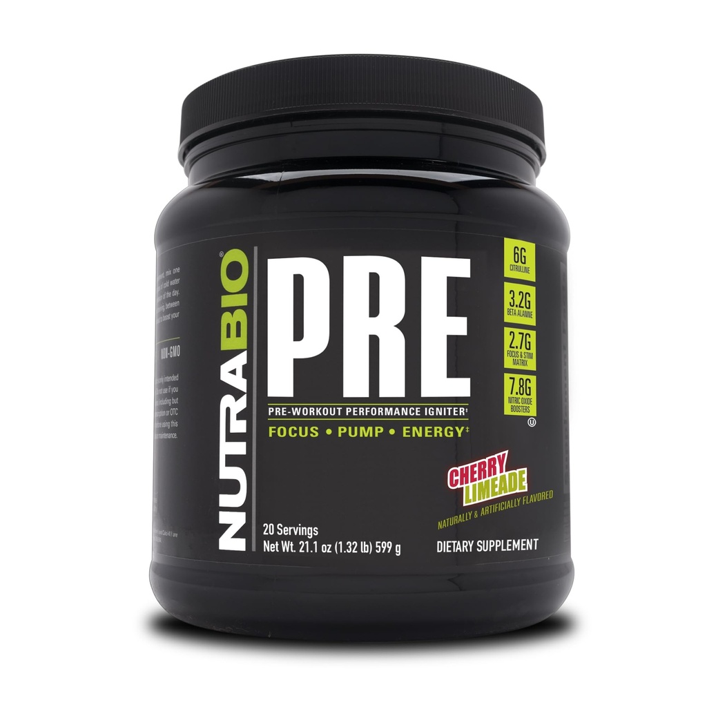 NutraBio PRE Workout Proszek - Stara formuła - Trwała energia, Mental Focus, Endurance - Beta Alanina, Kreatyna, Kofeina, Elektrolity - 20 Służenia - Cherry Limeade