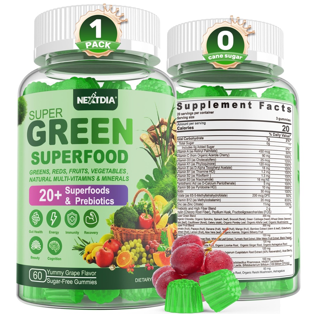Super Zieloni Gummies, Zieloni Superfood Powder Alternatywa w / Spirulina, Chlorella, Fiber prebiotyczny, Probiotyczne, Owoce Veggie, Codziennie Zielone Warzywa dla Digestive & Gut Health, Immunitet, Focus, 60 Cts