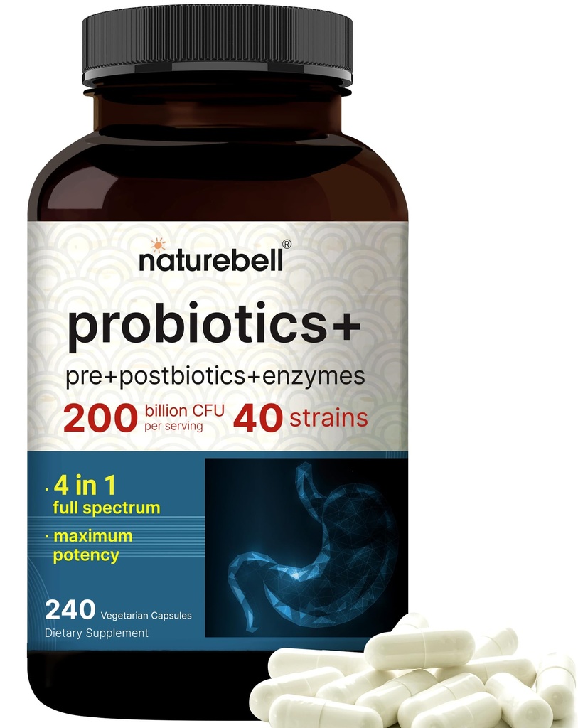 Probiotyk 200 Miliard CFU - 40 Szczepów na Podawanie 124; 240 Kapsułki wegetariańskie z Prebiotykami i Probiotykami dla Zdrowia Żywieniowego - Gut Health & Bloating Support