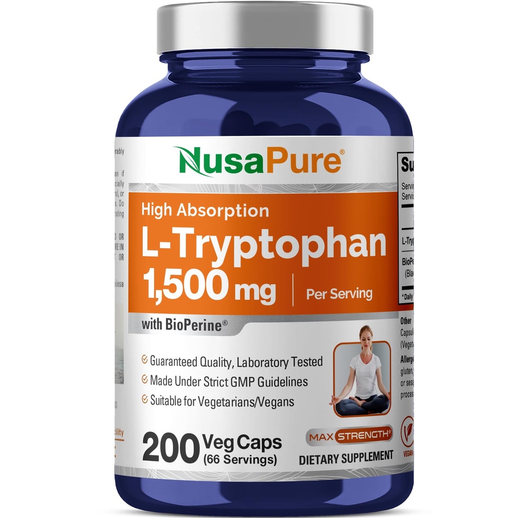 NusaPure L- Tryptofan 1500mg 200 Czapki wegetariańskie (Non- GMO, Wegan) Bioperine
