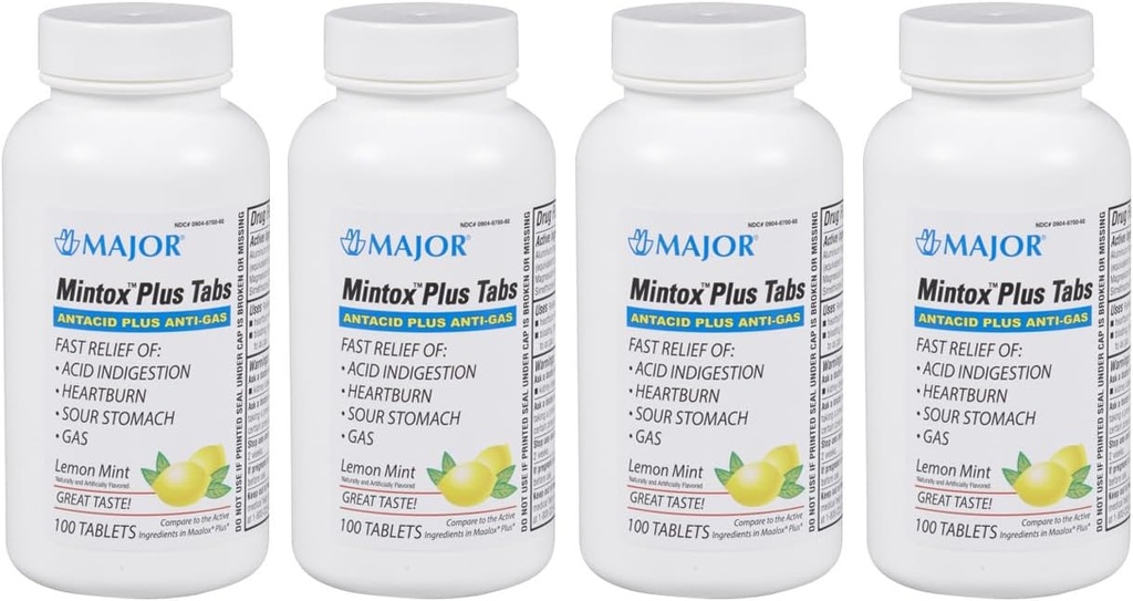 MAJOR Mintox Plus Tabs - Antacid Plus tabletki przeciwgazowe - Pomaga szybko złagodzić niestrawność kwasu, Heartburn, Sour Stomach i Gaz - Lemon Mint Flavored - 100 Count (4 Pack)