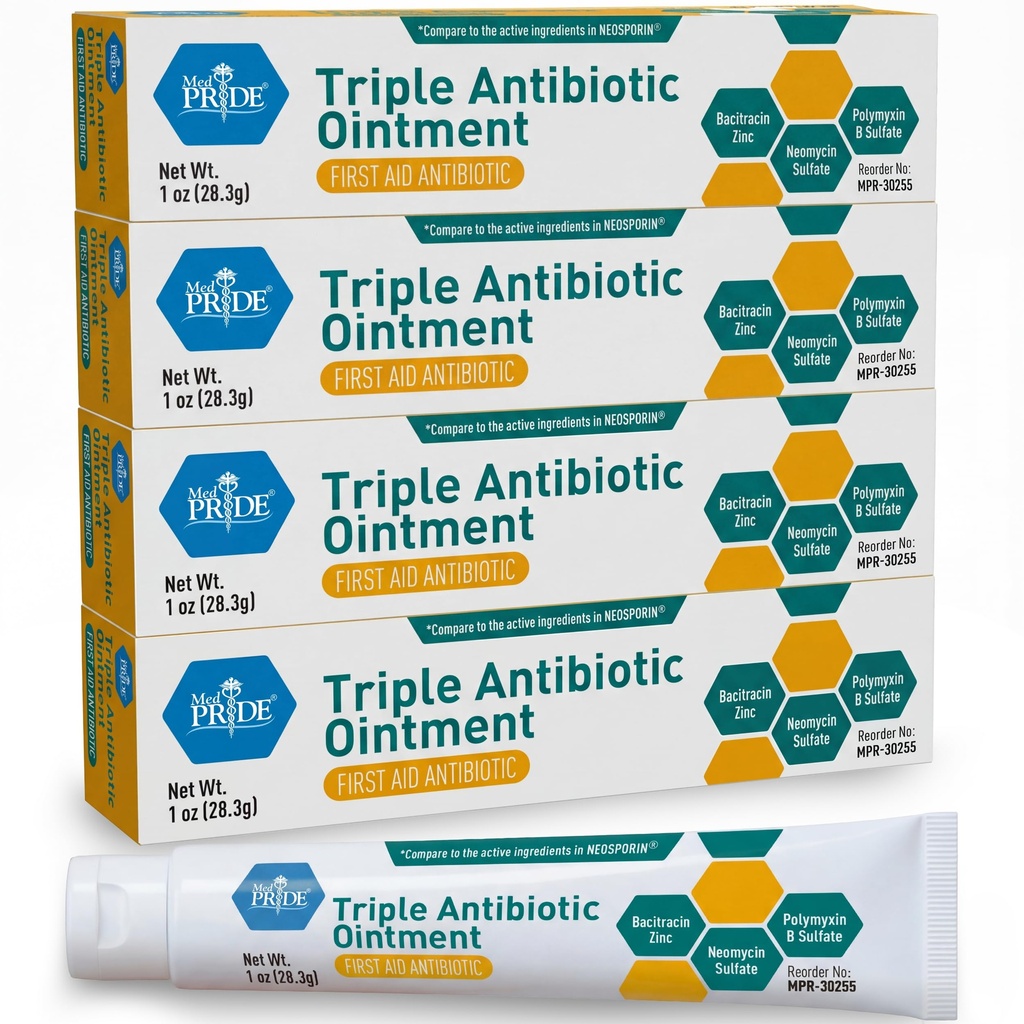 MED Pride Triple Antibiotic Pride Ointment Tube 1 Oz 4- Pack, Pierwsza pomoc dla mniejszych ran, Zadrapania, Otarcia, z cynku, Neomycin, Polimyxin