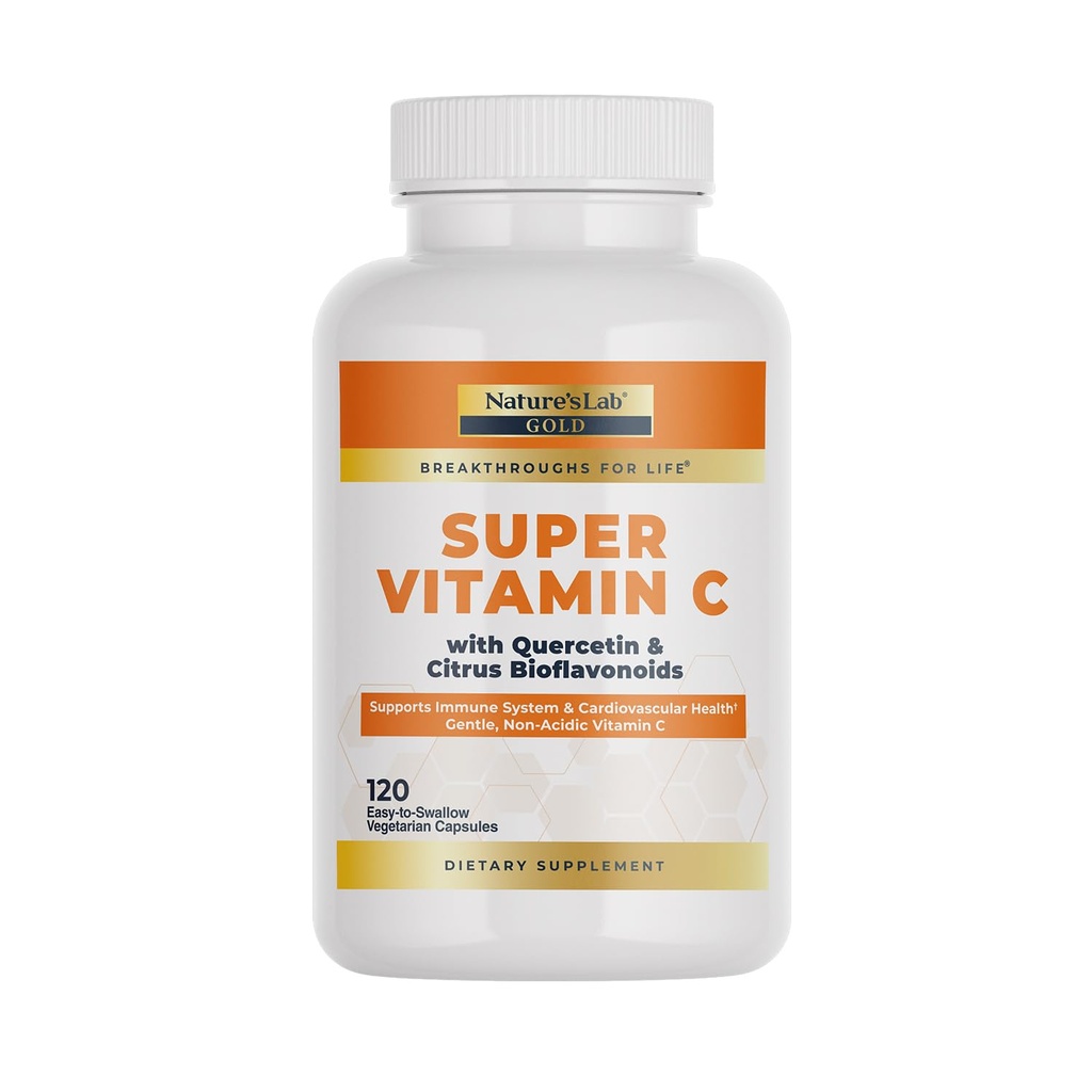 Nature 's Lab Gold Super Witamina C 1000mg - Wsparcie układu immunologicznego - Zawiera Bioflavonoids Complex & Quercetin - Non-Acidic, Non-GMO, Gluten Free, Wegan - 120 Kapsułki (2 Miesiąc dostaw)