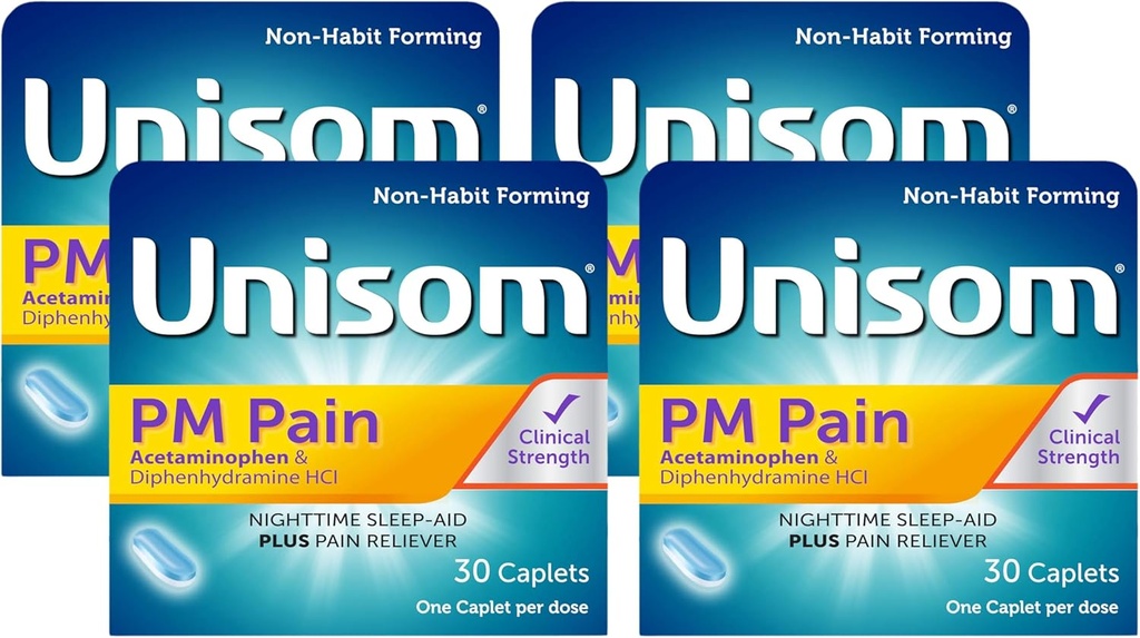 Unisom PM Ból Nighttime Sleep- aid + Ból Reliever, Acetaminofen i Difenhydramina HCI, 30 Kapletów, 50 mg (opakowanie po 4)
