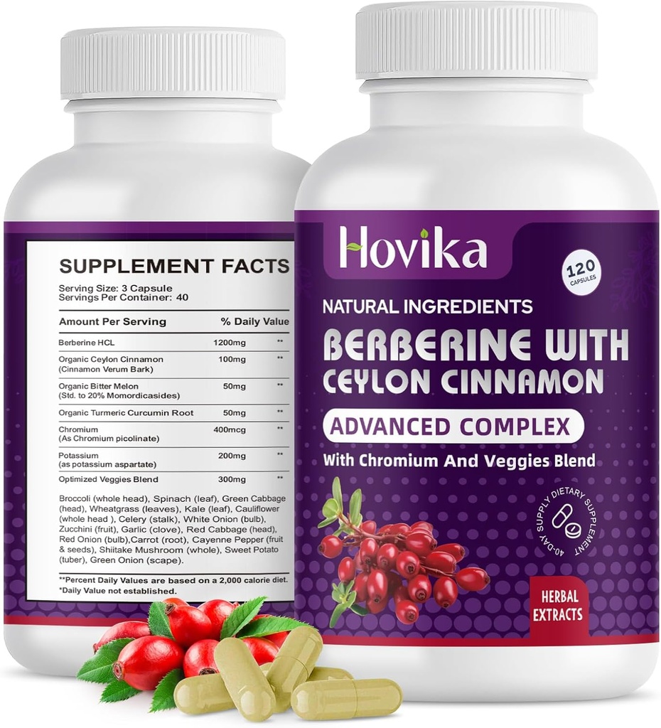 Berberine HCL kapsułki 1200 mg - Berberine Suplement z Ceylon Cynamon, Chrom, Wegegies Mieszanka - Wspiera metabolizm i system immunologiczny, Gut Health - 120 ct Łatwy do połknięcia wegańskich tabletek
