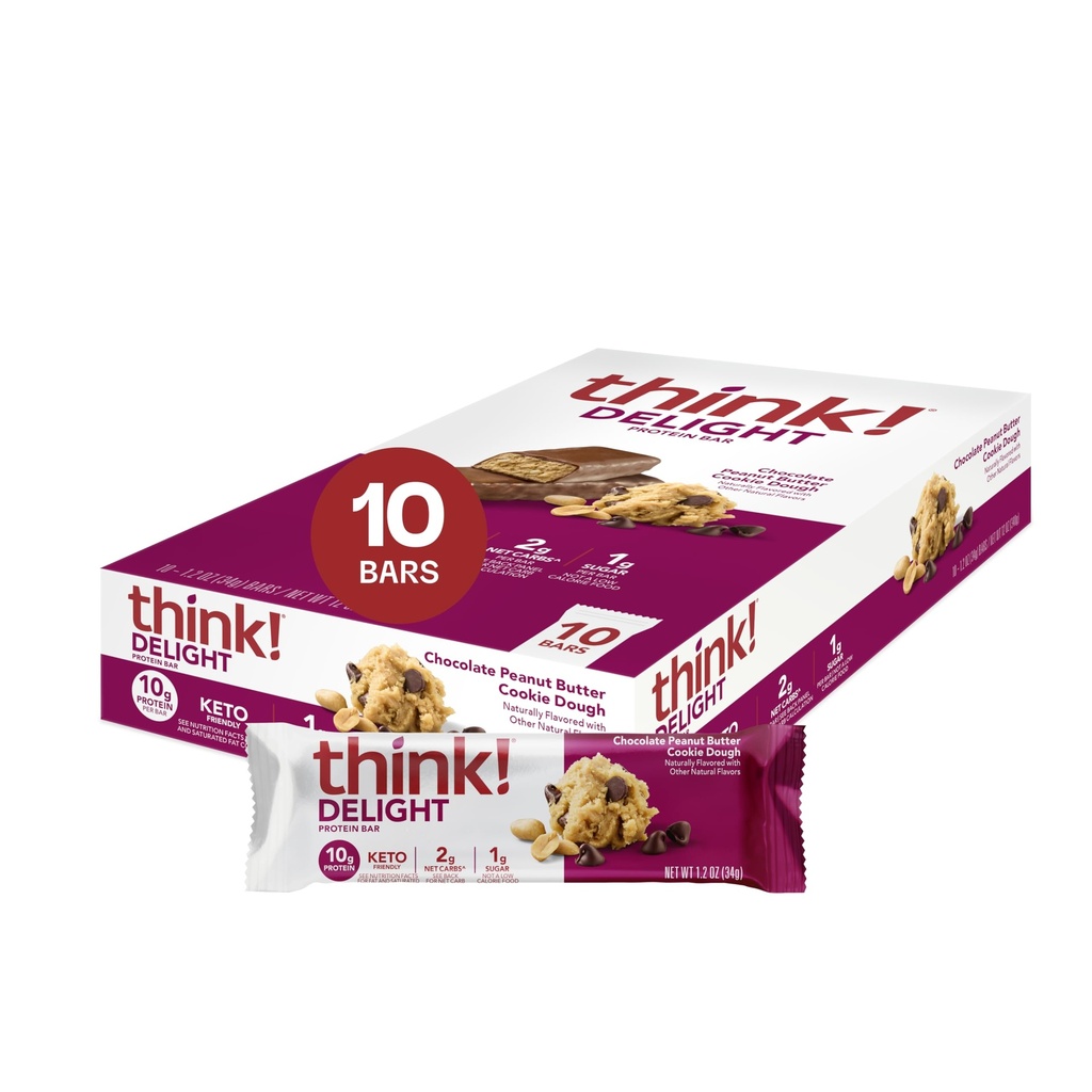 Myśl! Delight, Keto Protein Bars, Zdrowe niskie węglowodany, Gluten Free Snack - Czekoladowy Masło orzechowe Cookie Dough, 10 Count (Packaging May Vary)
