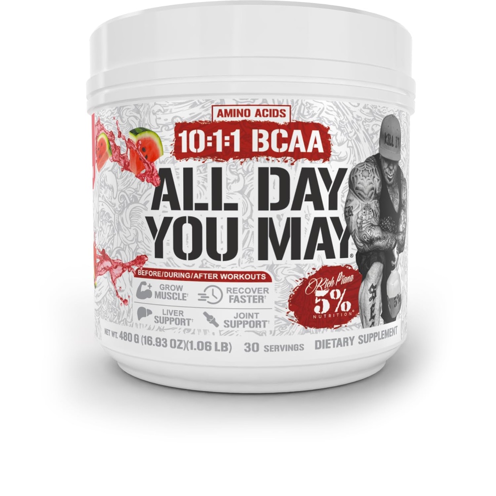 5% odżywka bogata Piana AllDayYouMay BCAA proszek 124; Premium Intra & Post Trening aminoacidów, EAA, elektrolity 124; nawodnienie, wytrzymałość, odzysk 124; Vegan & Keto 124; 16.9 oz, 30 Srvgs (Arbuz)