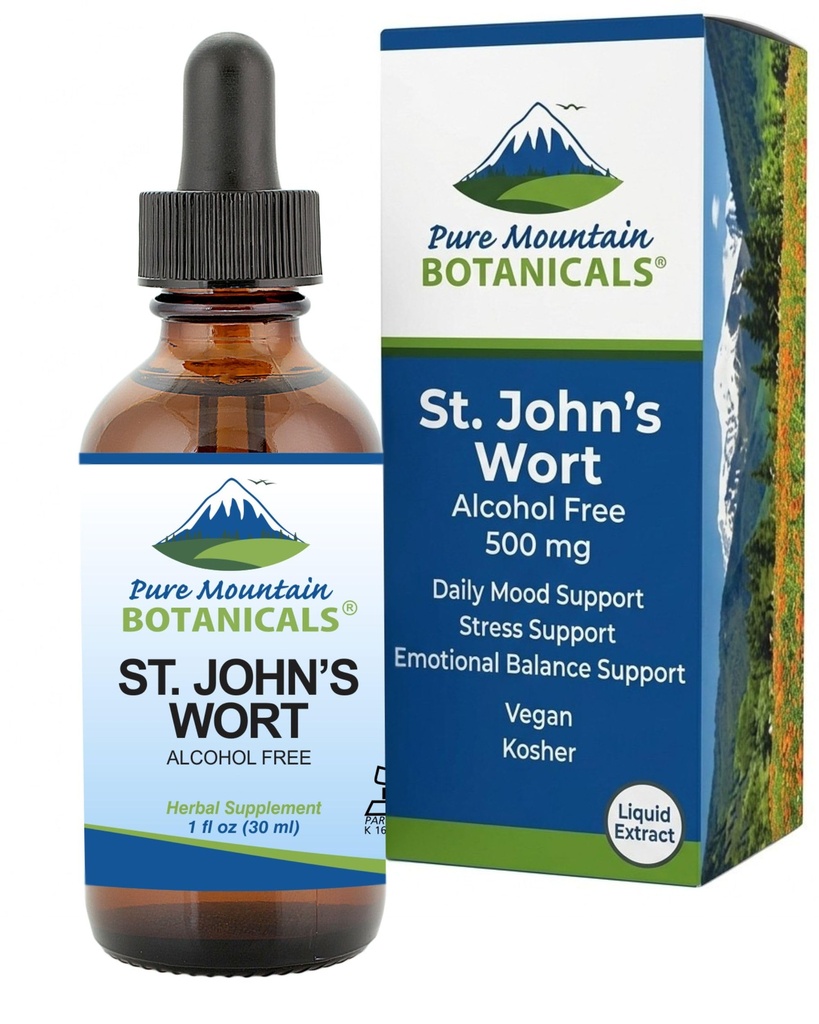 Pure Mountain Botanicals St Johns Wort Tincture - Kosher Liquid St. John 's Wort Alcohol- Free Extract 500mg Vegan Supplement
