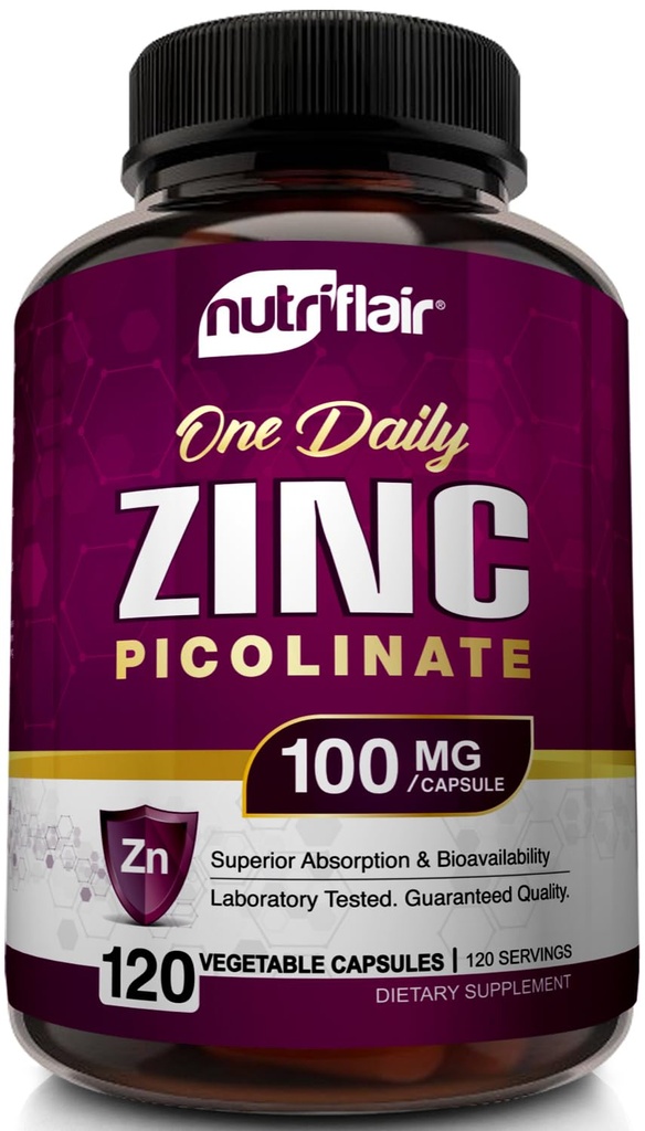 Nutric Flair Pikolinian cynku 100mg, 120 Kapsułki - Wegan, Non-GMO, Made in USA, Trzyczęściowy test laboratoryjny