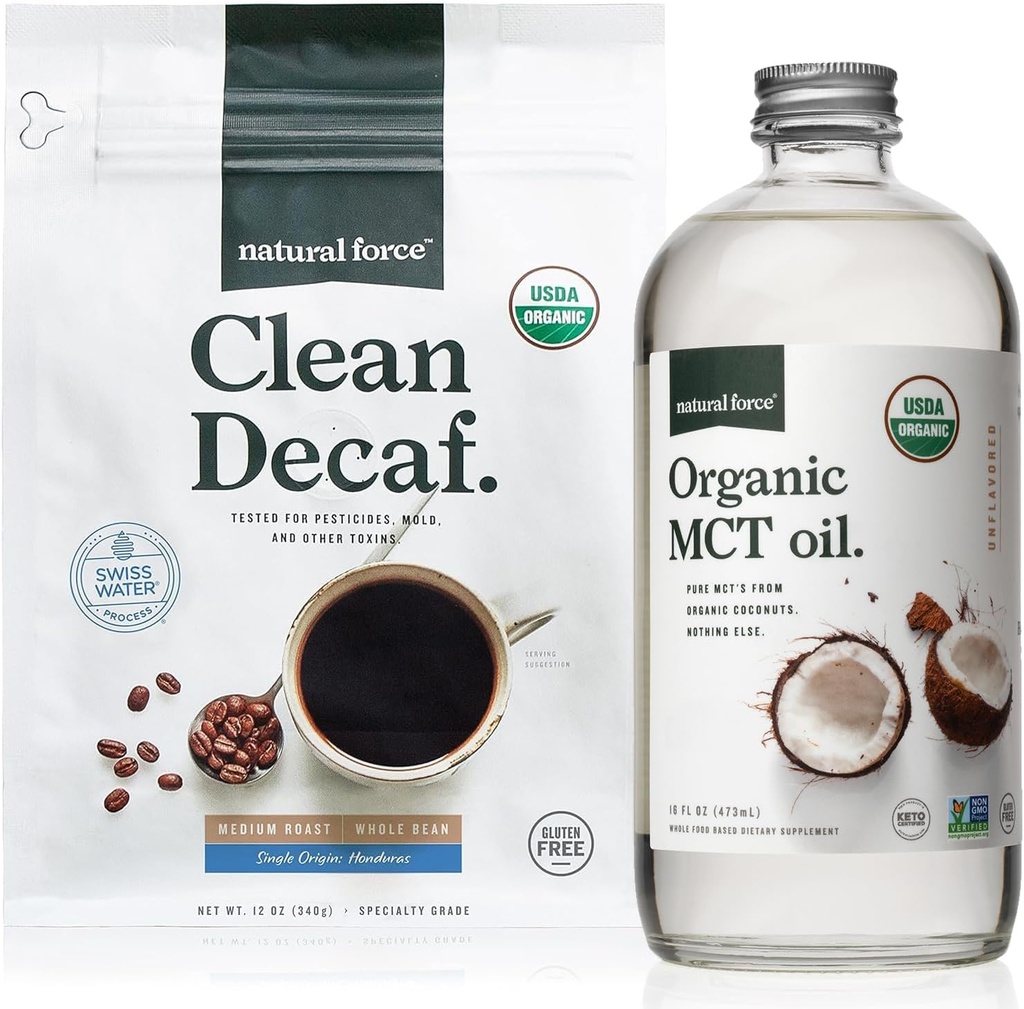 Natural Force Organic Clean Decaf Coffee + Organic MCT Oil Bundle - 100% Czysty MCTs Kokosowy & Mold & Mycotoxin Darmowa kawa - Non-GMO, Keto, Paleo i Vegan - 12 Oz i 16 Oz