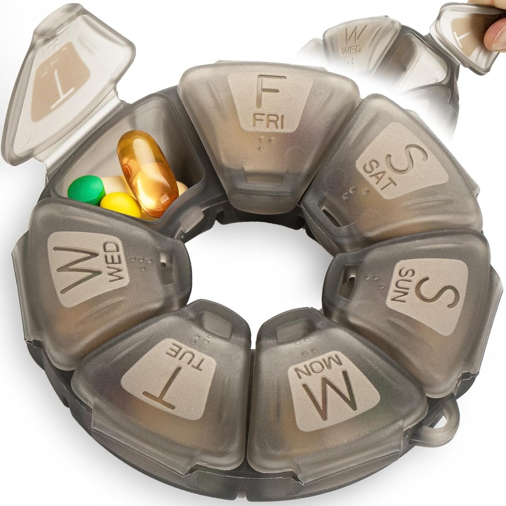 Round Weekly Pill Organizator, TPU Rubberized, Travel Pill Container 7 dzień, z 7 dużych komnat, Wielki dla codziennych witamin i suplementów, Cute Pill Case z dużymi literami i Braille (Grey)