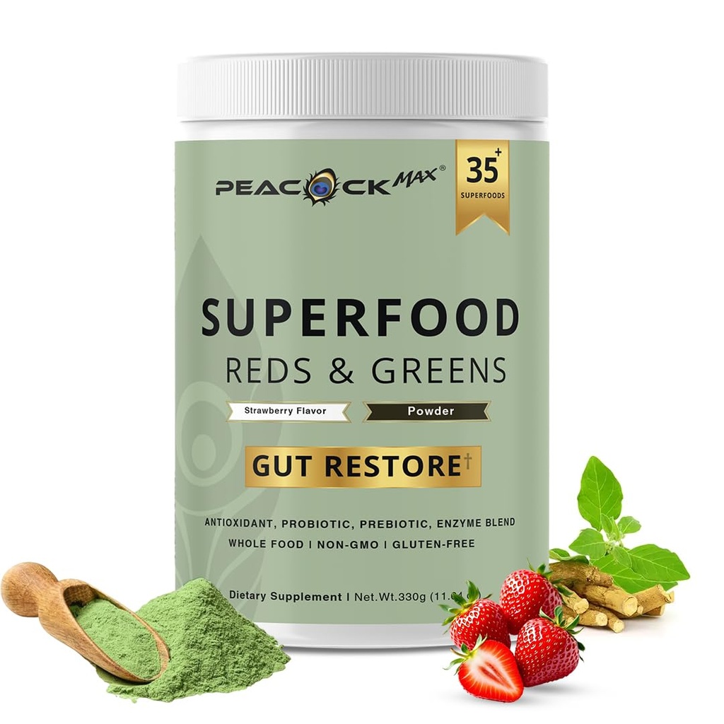Superfood Reds & Zielone Proszek - 11.64 oz, Prebiotyki i Probiotyki dla zdrowia trawiennego, Super Zielone Proszek z Ashwagandha dla zdrowia Gut, Immunitet, Przeciwutleniacze, Wegan, Non-GMO