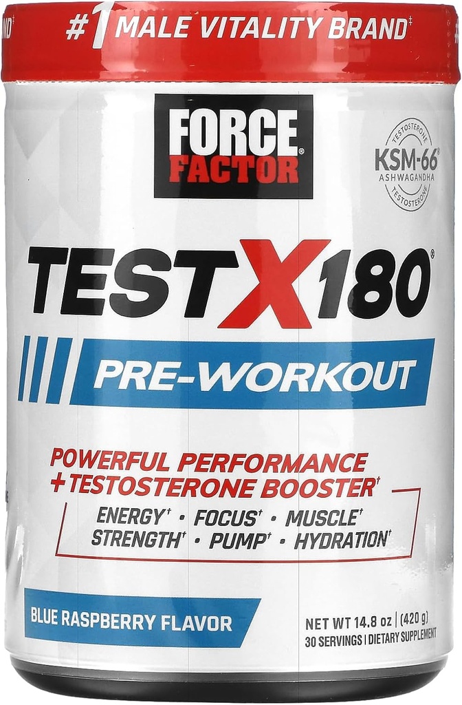 Test FORCE FACTOR X180 Pre- Workout Proszek & Suplement energii, Boost Focus & Endurance, Budowanie mięśni i siły, Suplement tlenku azotu z Ashwagandaha & L- Cytrulina, Blue Malina, 30 Służenie
