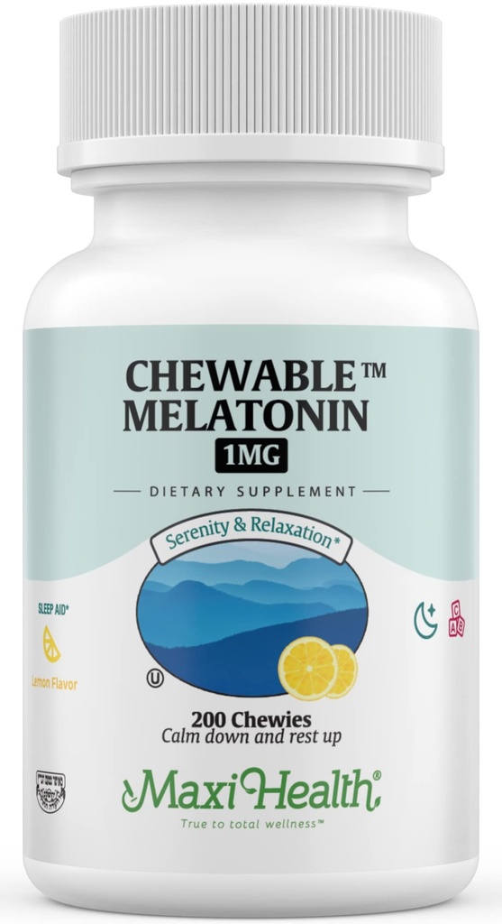 Maxi Health Chewable Melatonin, Kosher Lemon Flavor, Melatonin dla dorosłych i dzieci, Naturalna pomoc dla dorosłych i dzieci, Melatonin Chewables Alternatywa dla Gummies Melatonin Dawka dla dzieci, (200 Hrabia)