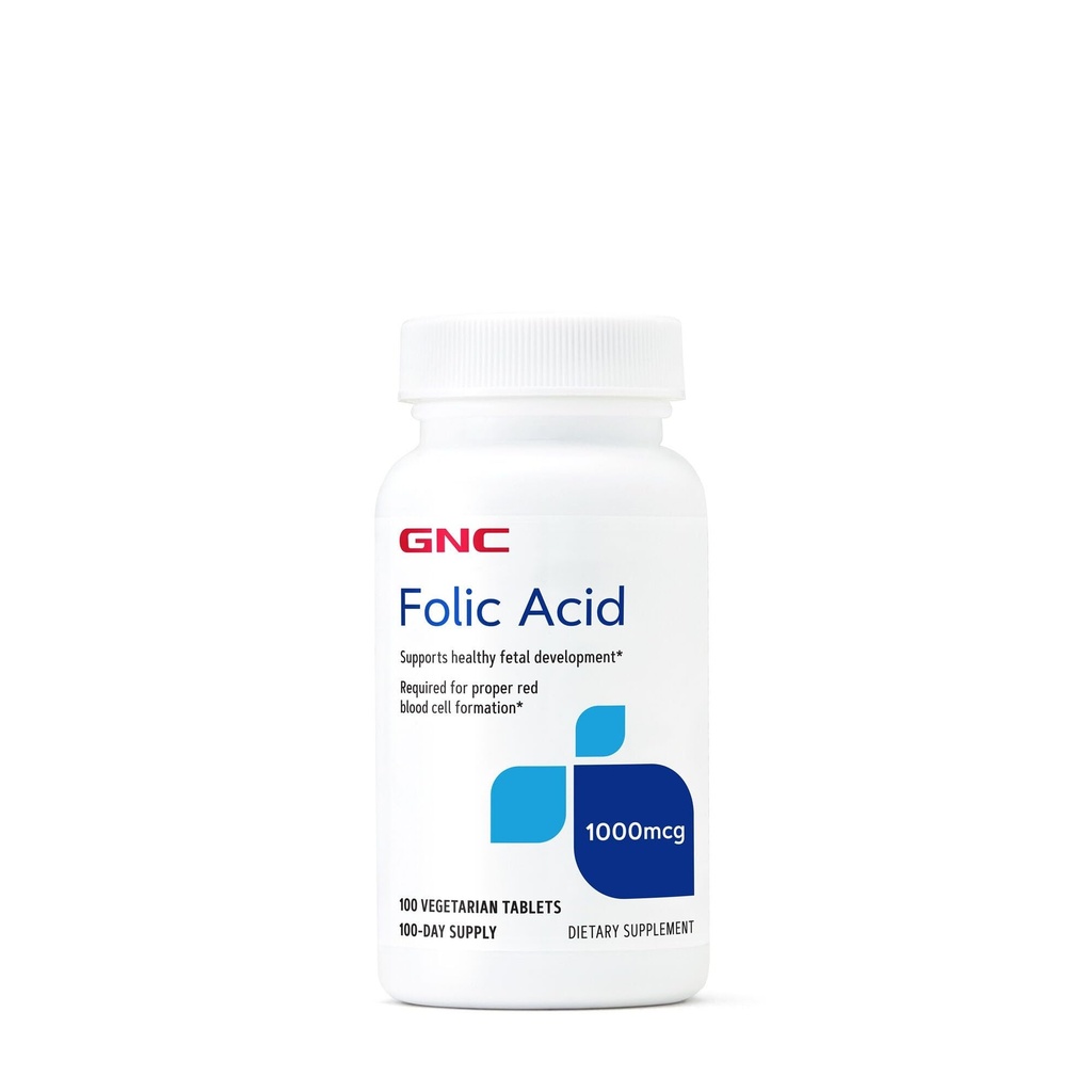 GNC Folic Acid 1000mcg, Supports Healthy Fetal Development, Required for Proper Red Blood Cell Formation, Vegetarian Formula, 100 Count