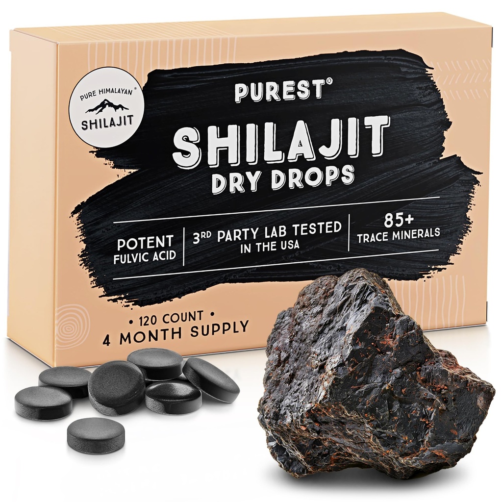 Pure Himalayan Shilajit Dry Drops, 100% Pure Natural Shilajit, Grade A, Max Pottency 85 + Clean Trace Minerals & Fulvic Acid for Energy, Metabolizm i suplement immunologiczny dla mężczyzn i kobiet (120 tab)