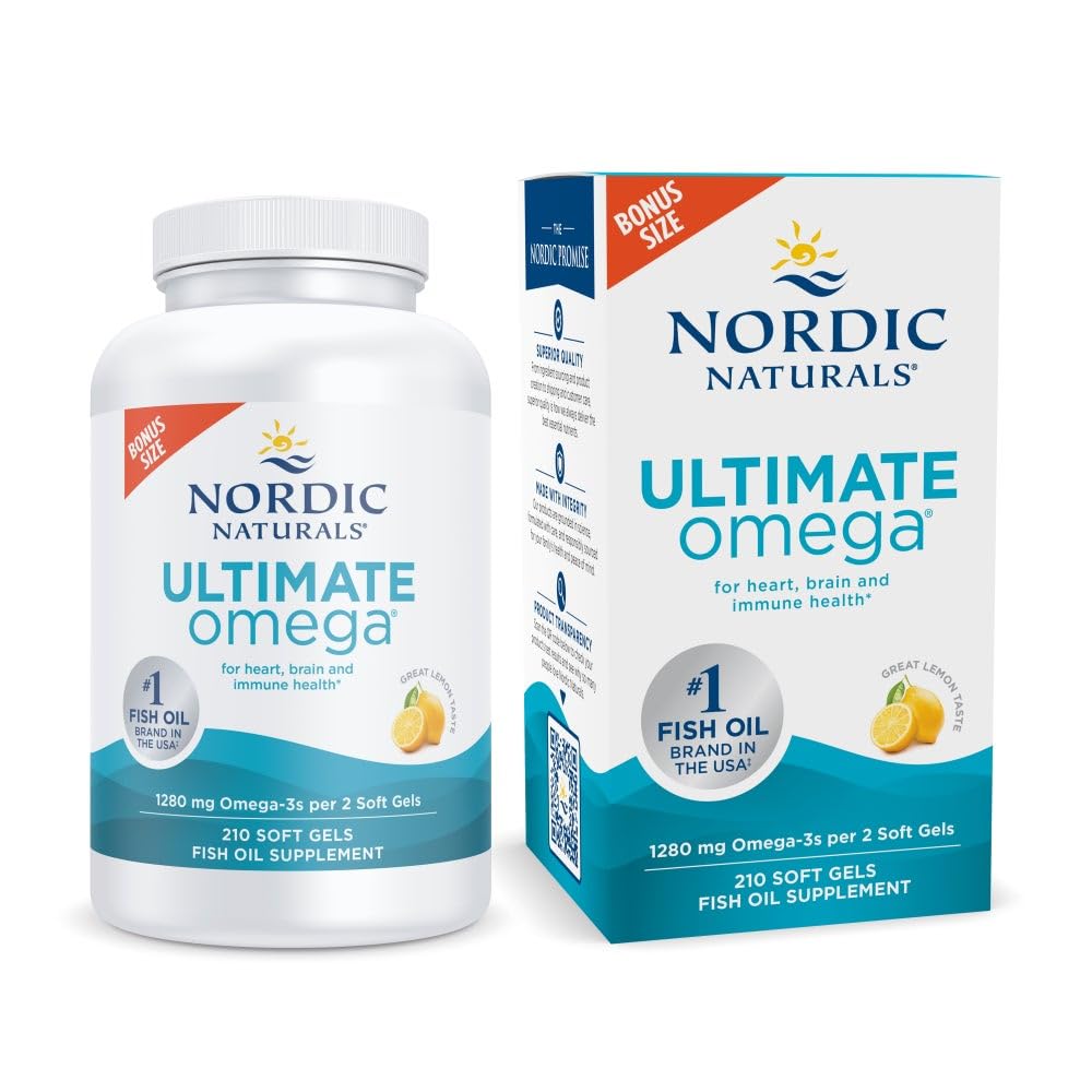 Nordic Naturals Ultimate Omega, Lemon Flavor - 210 Soft Gels - 1280 mg Omega-3 - Wysokiej mocy olej rybny z EPA & DHA - Promotes Brain & Heart Health - Non-GMO - 105 Servings