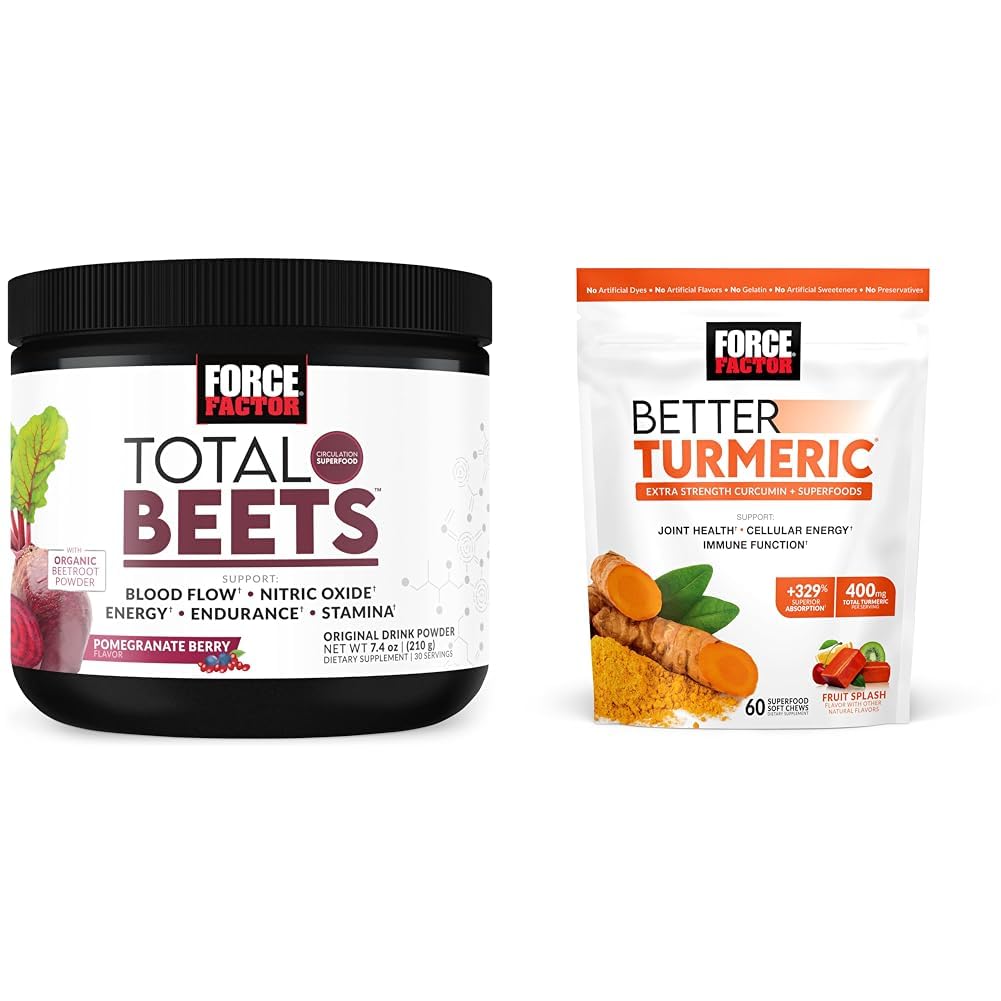 Force Factor Total Beets Nitric Oxide Powder for Circulation and Joint Support Chews with Turmeric Curcumin for Extra Strength